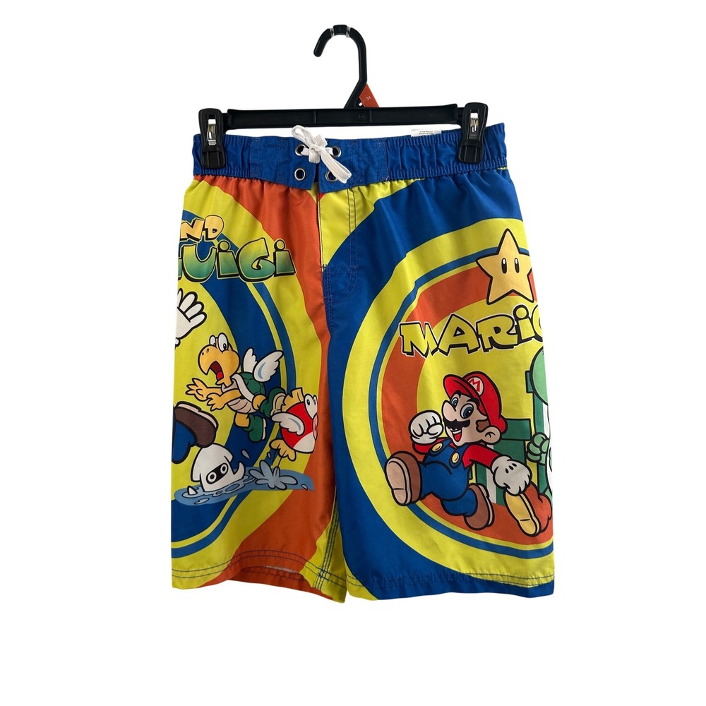 Nintendo Super Mario Swim Trunks Boys L 10/12 Blue Character Board Shorts Kids